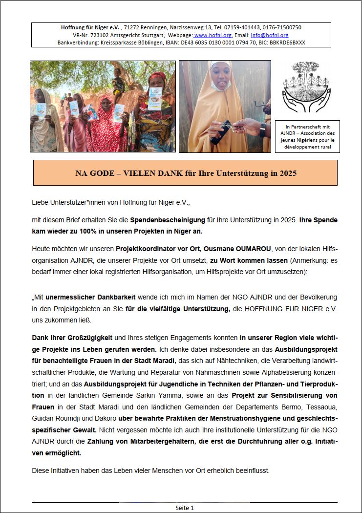 Hoffnung für Niger e.V., Dankesbrief-Grafik